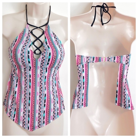 🆕 SO geo striped halter tankini swim top xs - Picture 1 of 9
